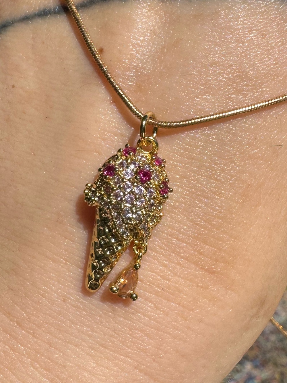 Gold Ice Cream Cone Pendant Necklace with Pink Accents